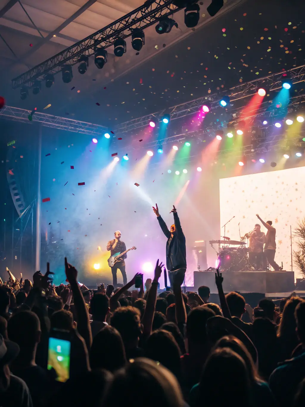 A vibrant image of a live music concert, featuring a band performing on stage with colorful lighting and an enthusiastic audience.