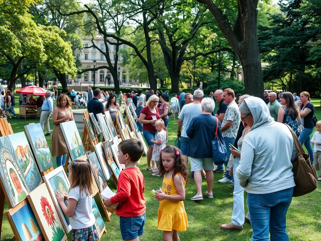 A visually appealing photo of an outdoor cultural event, with families enjoying music, art installations, and food vendors, illustrating community engagement and cultural celebration.
