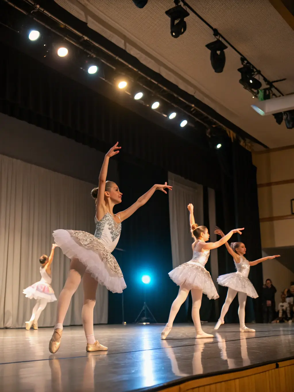 A photograph of a modern dance performance, showcasing dynamic movement and expressive lighting, set in a contemporary theater.