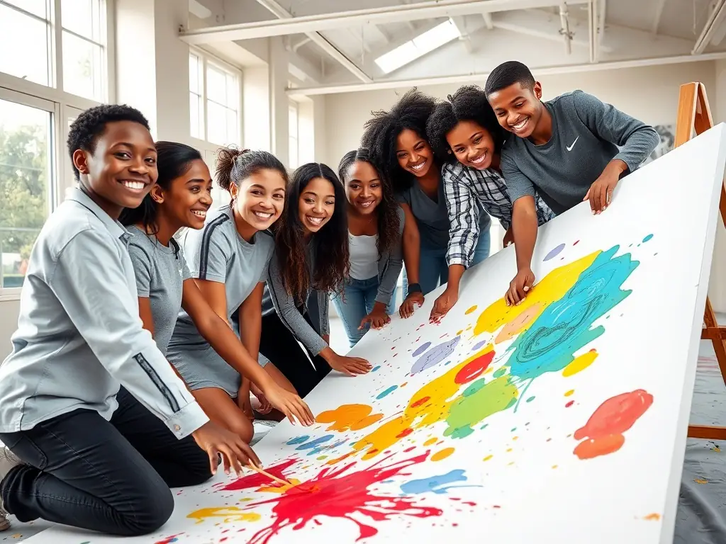 A vibrant photograph capturing a diverse group of participants engaged in a collaborative art workshop, showcasing creativity and community interaction.
