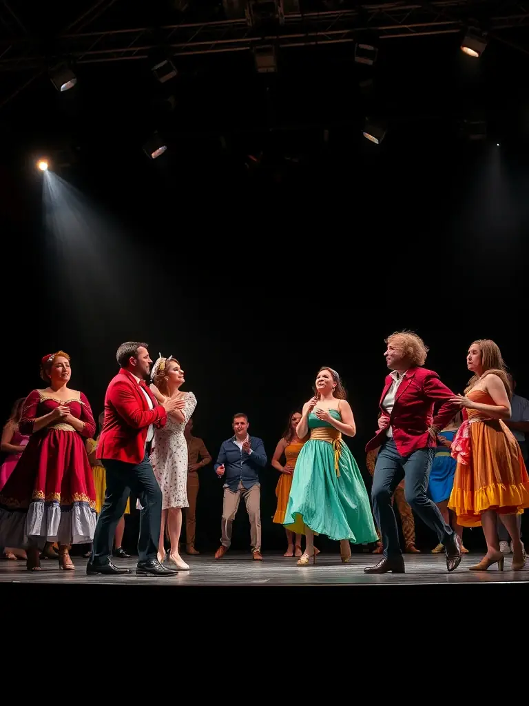 A photo of a theatrical play, capturing a scene with actors in costume, expressive gestures, and a detailed stage setting.